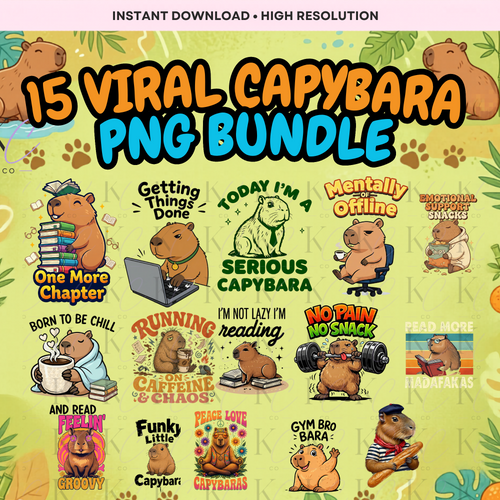 Create viral shirts, mugs, stickers, and crafts with this funny capybara PNG bundle. Includes 15 high-quality transparent PNG files perfect for POD and sublimation projects.