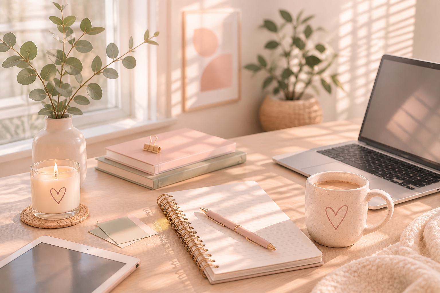 Cozy feminine home office workspace with laptop, coffee mug, candle, notebook, tablet, and plants in a warm neutral aesthetic setting.