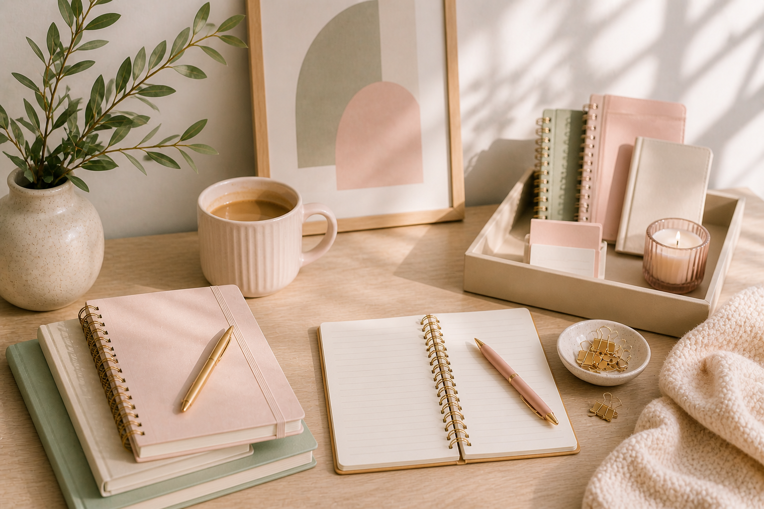Feminine neutral planner workspace with notebooks, coffee mug, candle, pens, and cozy desk decor in a soft aesthetic home office setting.