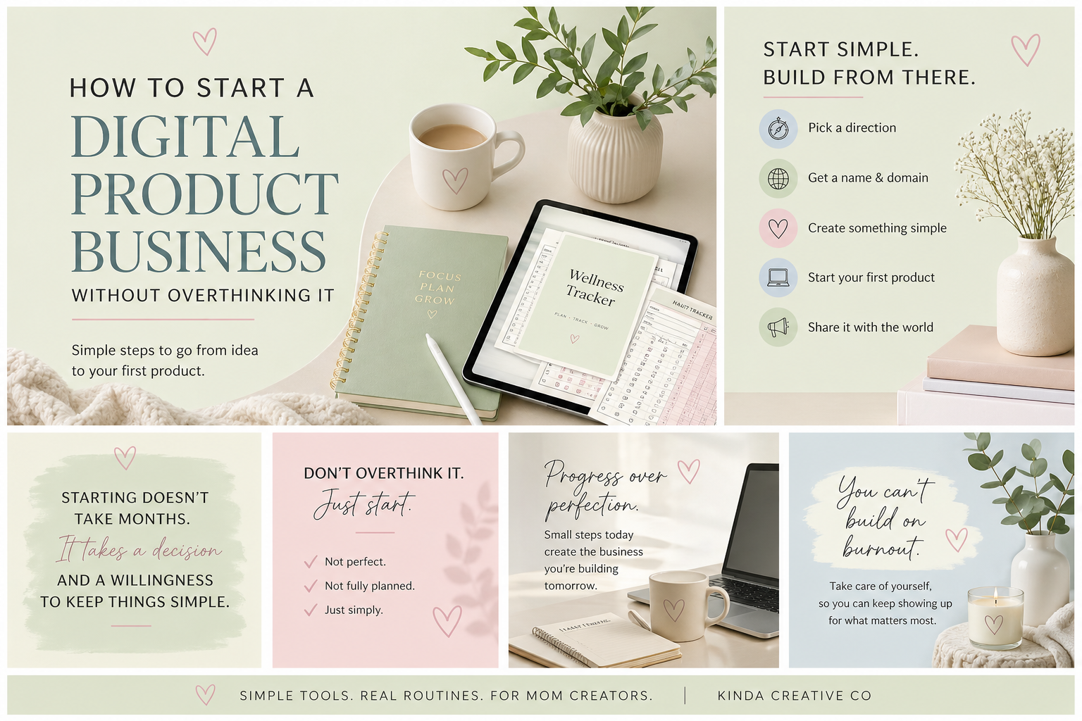 Collage of images related to starting a digital product business with text and visuals.