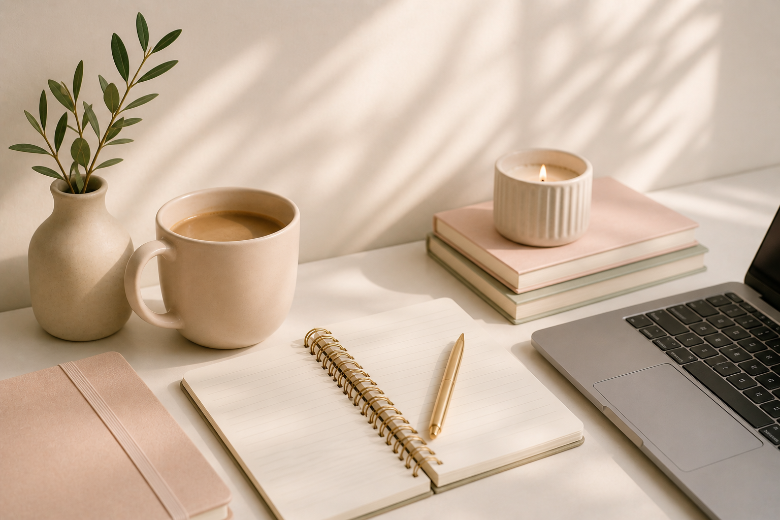 Minimal feminine home office desk with laptop, coffee mug, notebook, candle, and neutral aesthetic workspace decor.