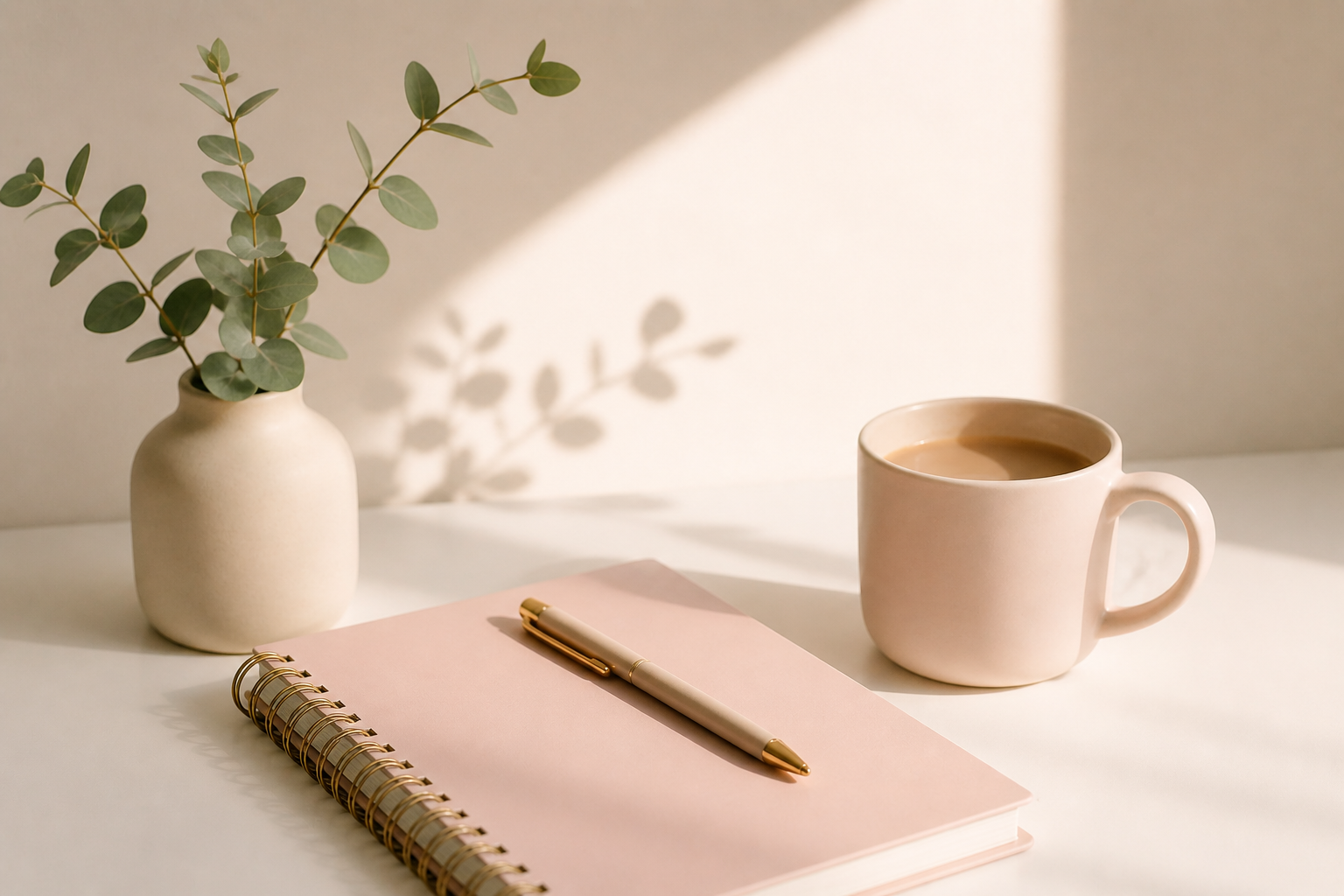 Minimal feminine workspace with pink notebook, coffee mug, eucalyptus plant, and soft neutral desk aesthetic in natural lighting.