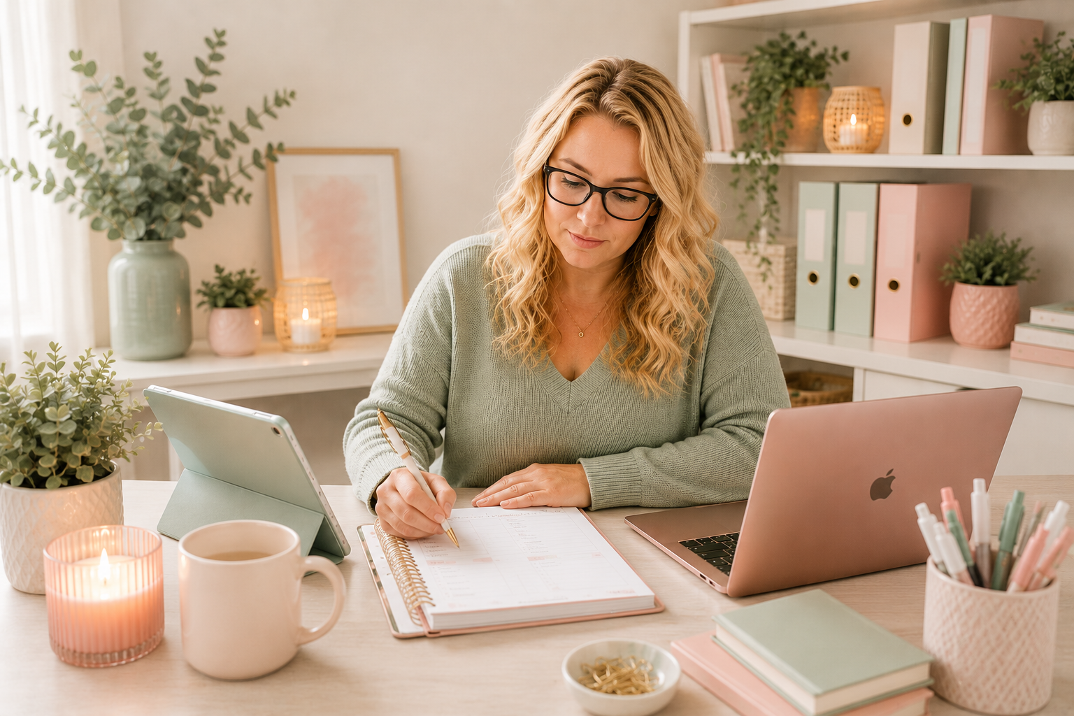 Mom entrepreneur planning her business from home with laptop, planner, tablet, coffee mug, and soft feminine office decor.