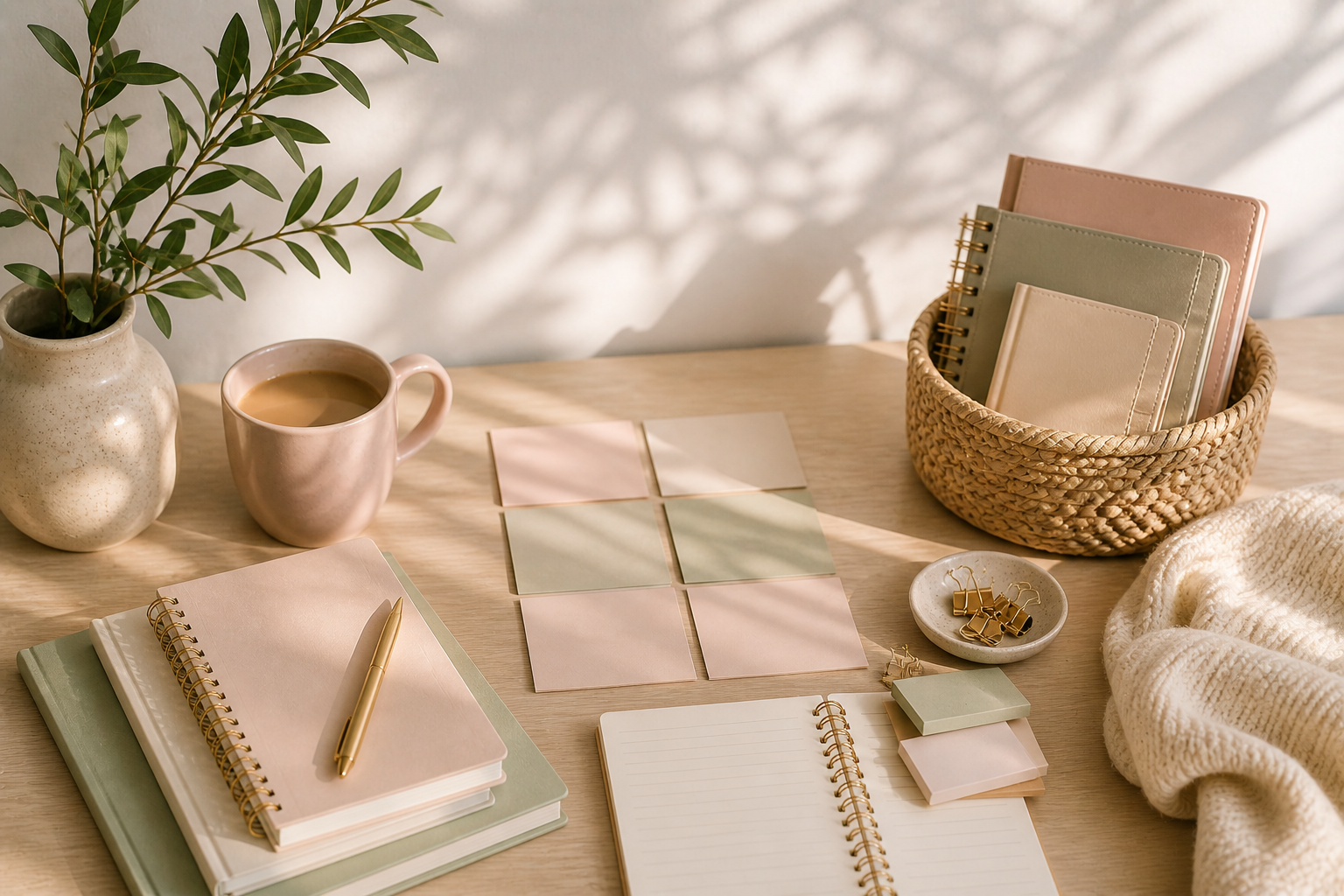 Neutral aesthetic planner and stationery workspace with notebooks, sticky notes, coffee mug, woven basket, and cozy feminine desk decor.