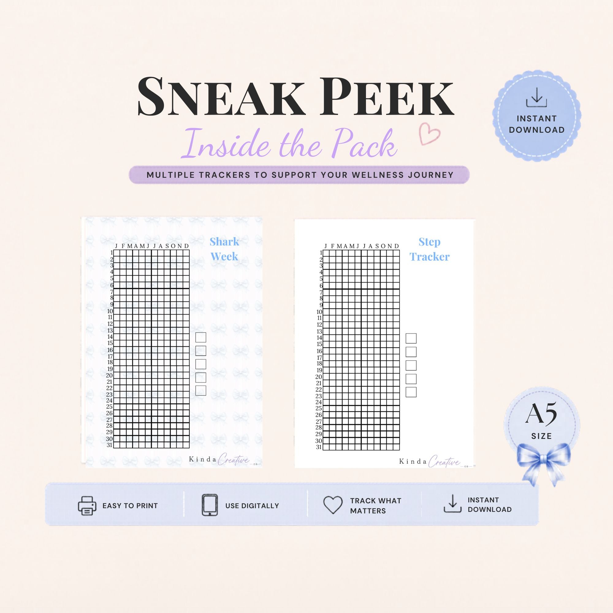 Product packaging for 'Sneak Peek Inside the Pack' with wellness trackers on a light pink background.