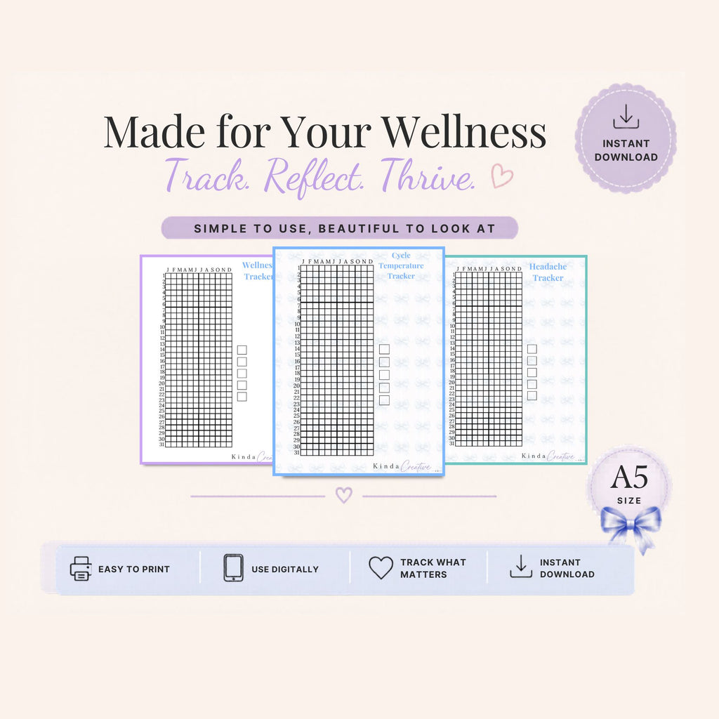 Product packaging for wellness tracking sheets with text and icons on a light pink background