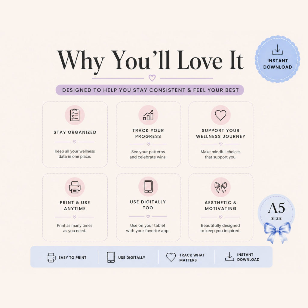 Promotional graphic for a wellness tracker app with features listed on a light pink background.