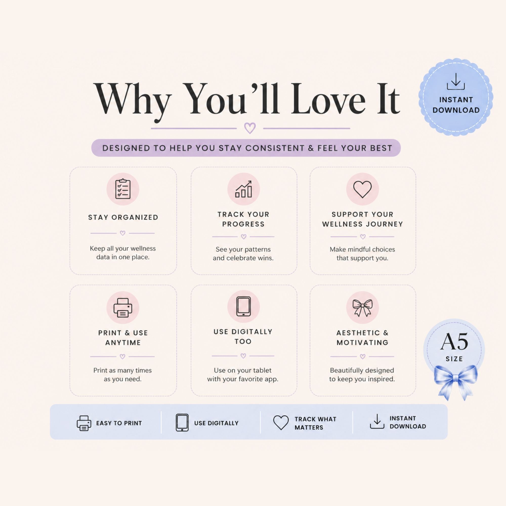 Promotional graphic for a wellness tracker app with features listed on a light pink background.