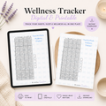 Wellness tracker digital and printable planner featuring habit tracking, sleep tracking, and year in pixels layouts for wellness and productivity.