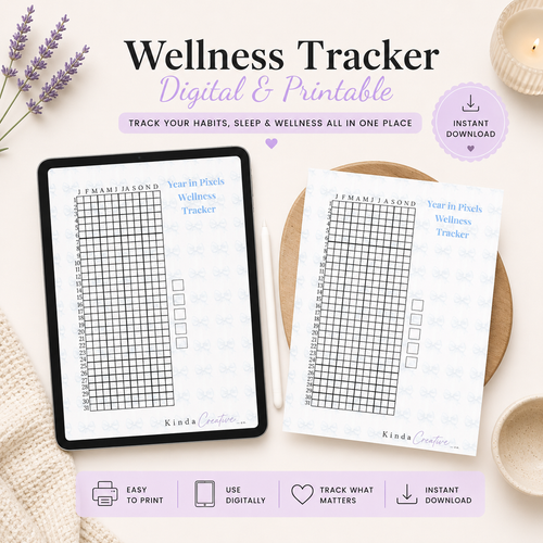 Wellness tracker digital and printable planner featuring habit tracking, sleep tracking, and year in pixels layouts for wellness and productivity.