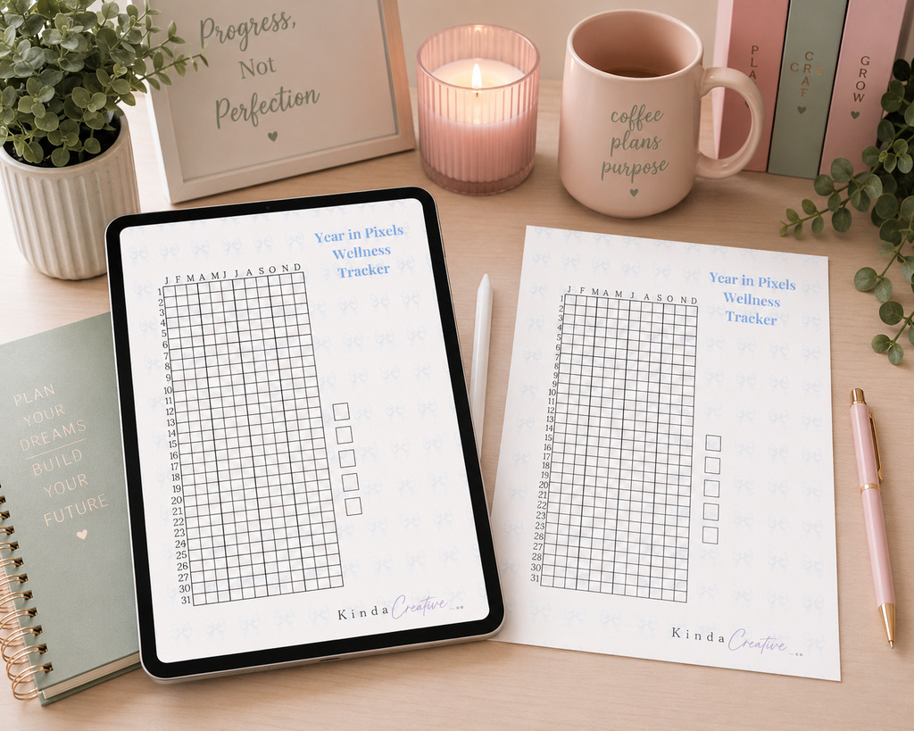Wellness tracker printable displayed on tablet and paper in a cozy feminine workspace with coffee mug, candle, planner accessories, and motivational decor.