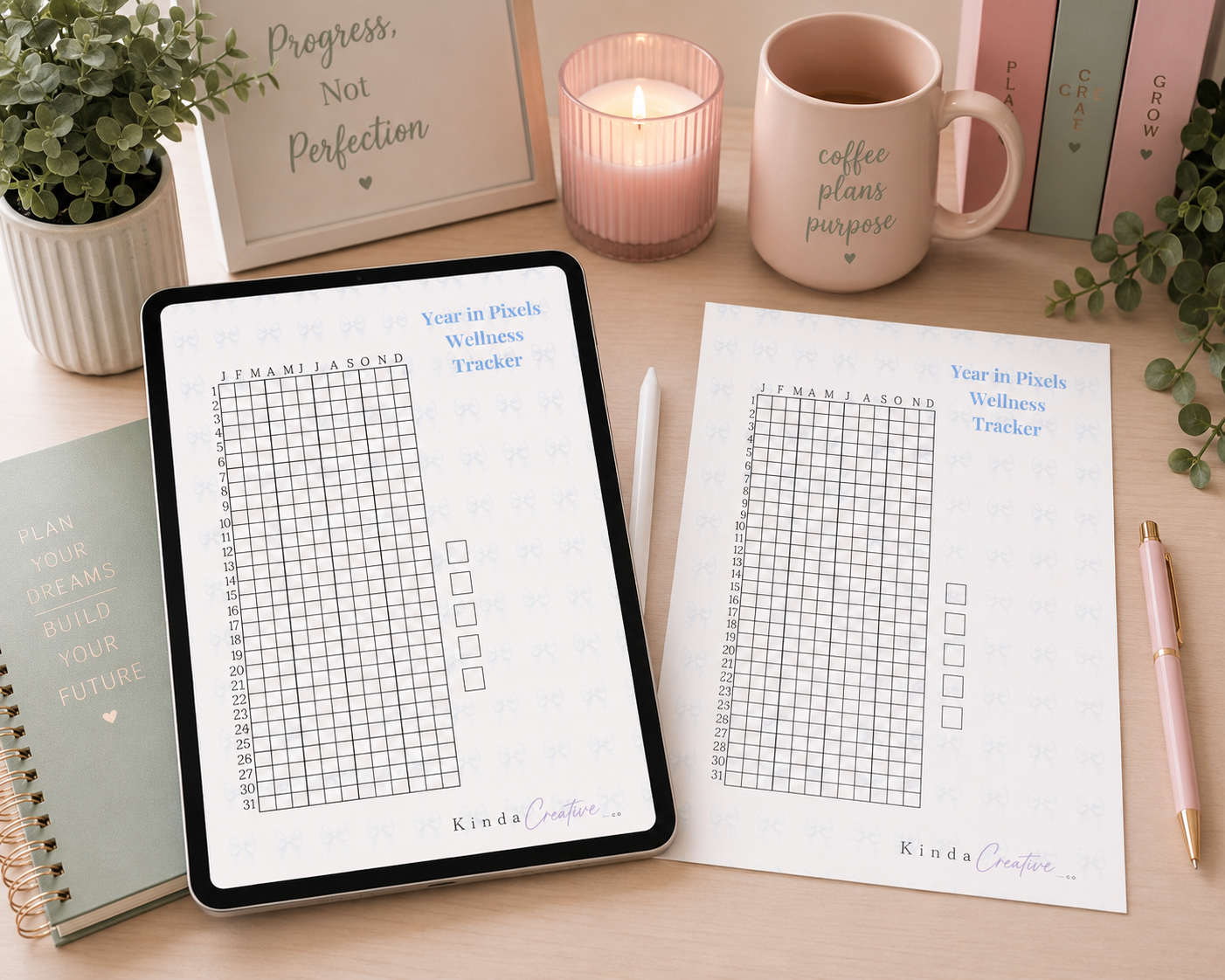 Wellness tracker printable displayed on tablet and paper in a cozy feminine workspace with coffee mug, candle, planner accessories, and motivational decor.