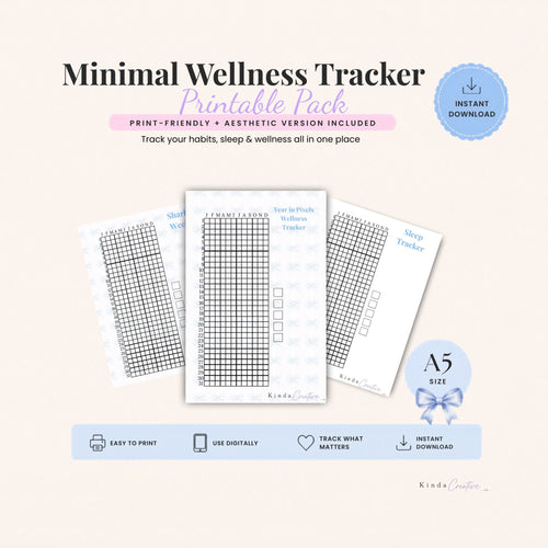 Minimal Wellness Tracker Printable Pack with A5 size on a light beige background