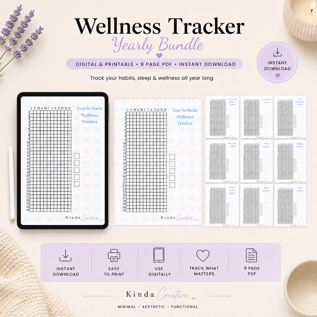 Yearly wellness tracker printable bundle with digital and printable habit trackers, year in pixels pages, and minimalist wellness planning layouts.