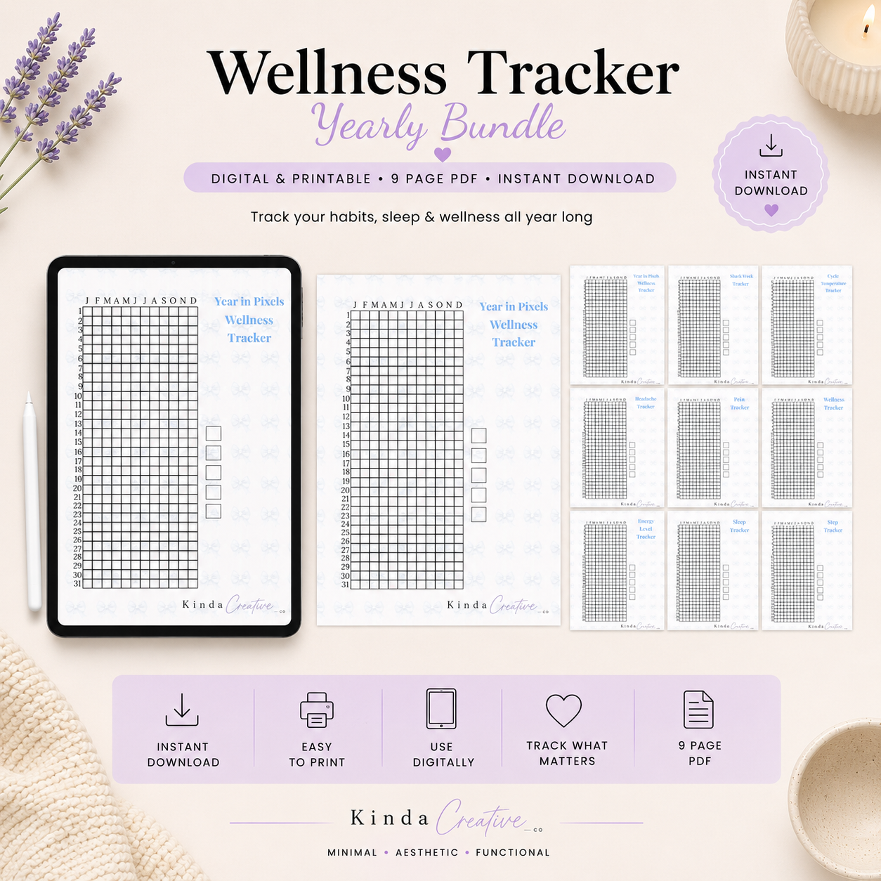 Yearly wellness tracker printable bundle with digital and printable habit trackers, year in pixels pages, and minimalist wellness planning layouts.